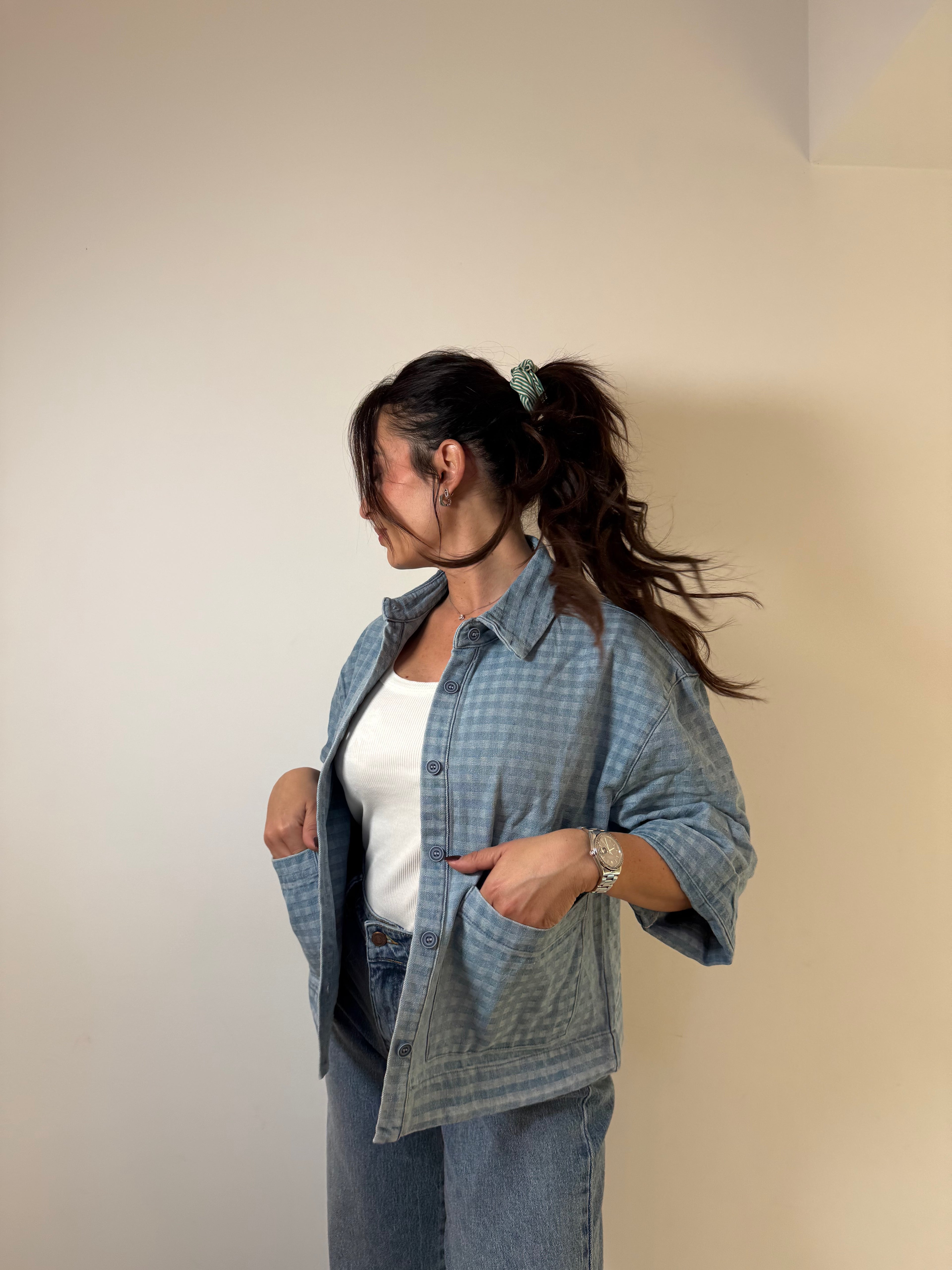 Veste denim à carreaux clair