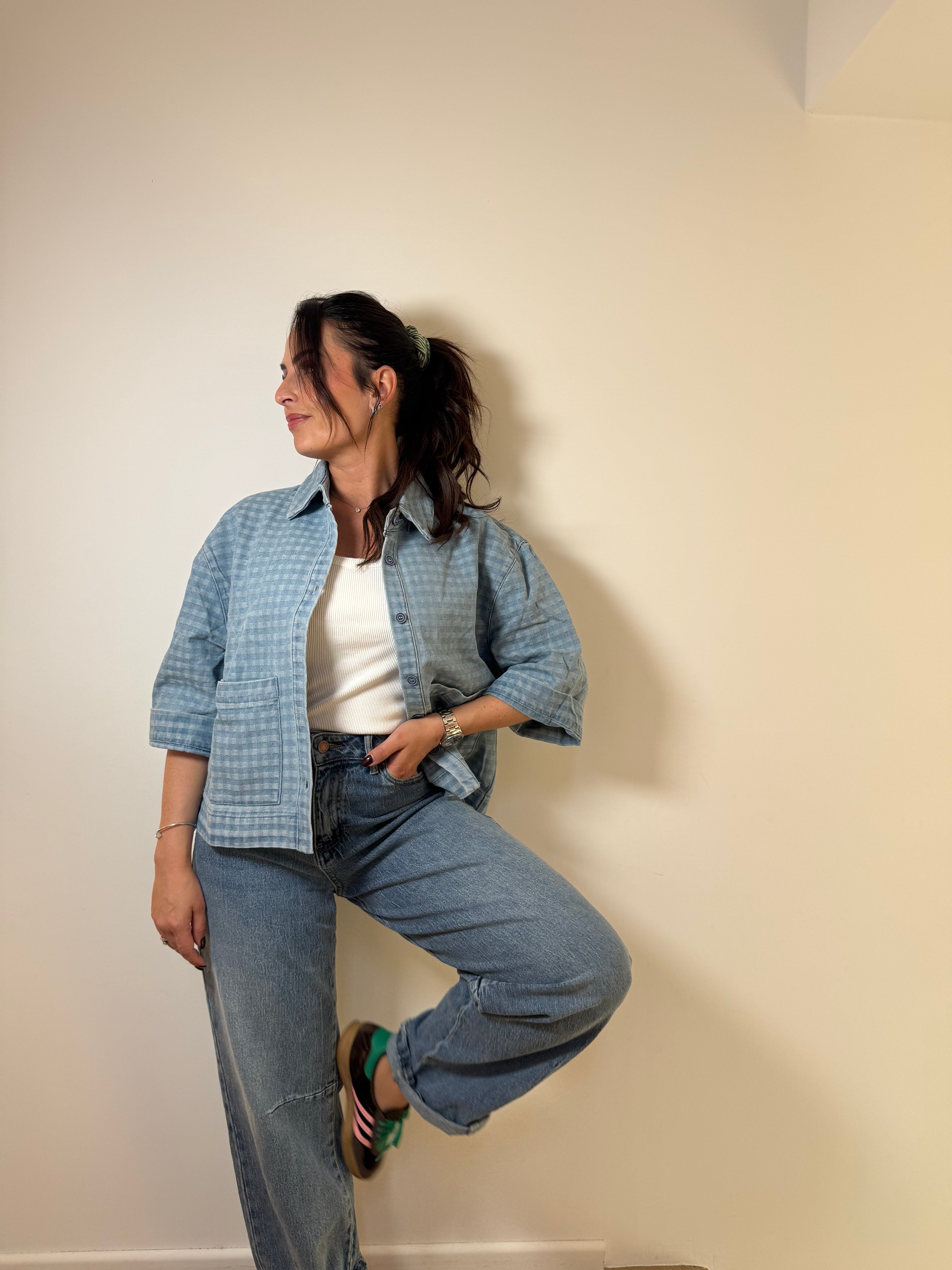 Veste denim à carreaux clair