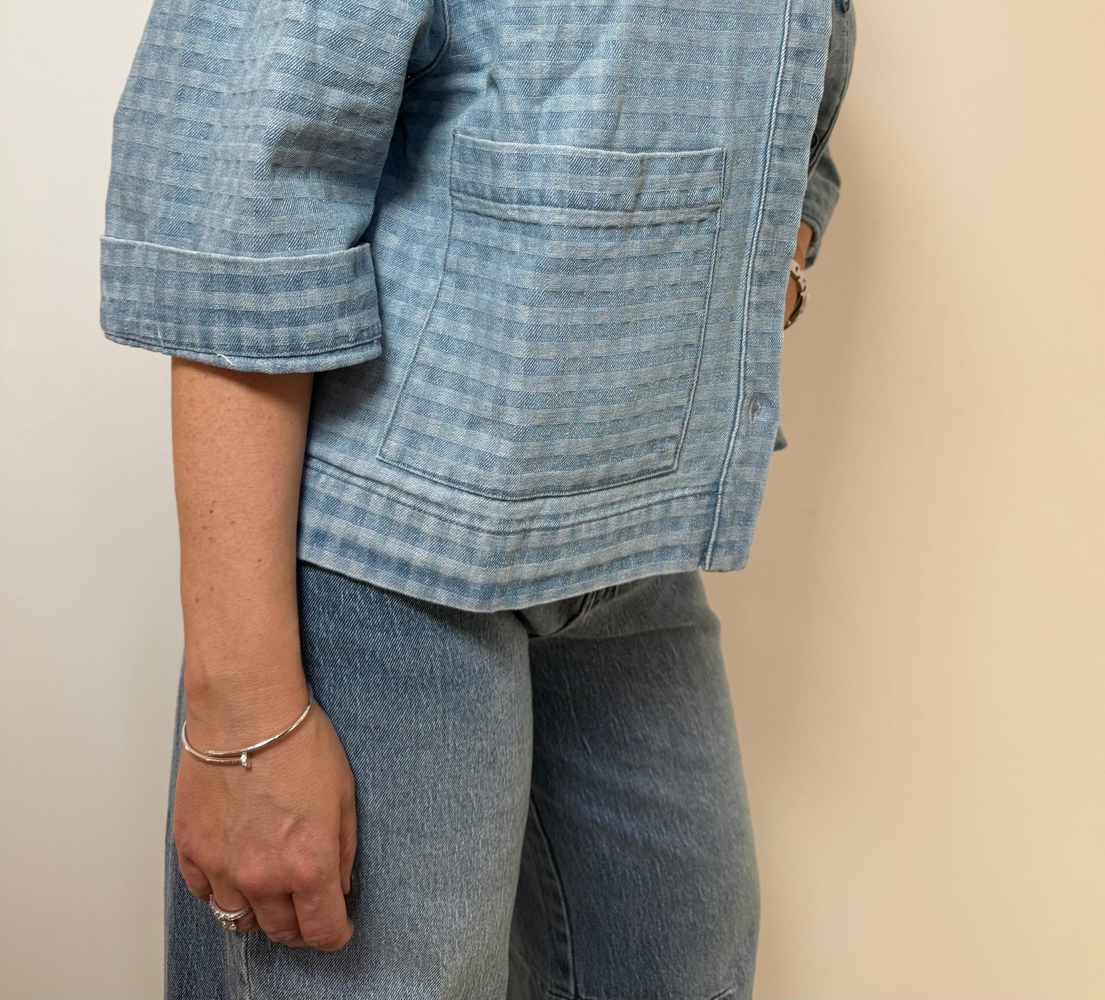 Veste denim à carreaux clair