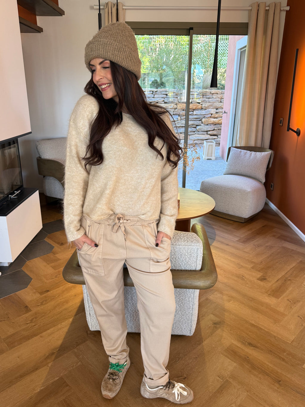 Pantalon beige à fronce
