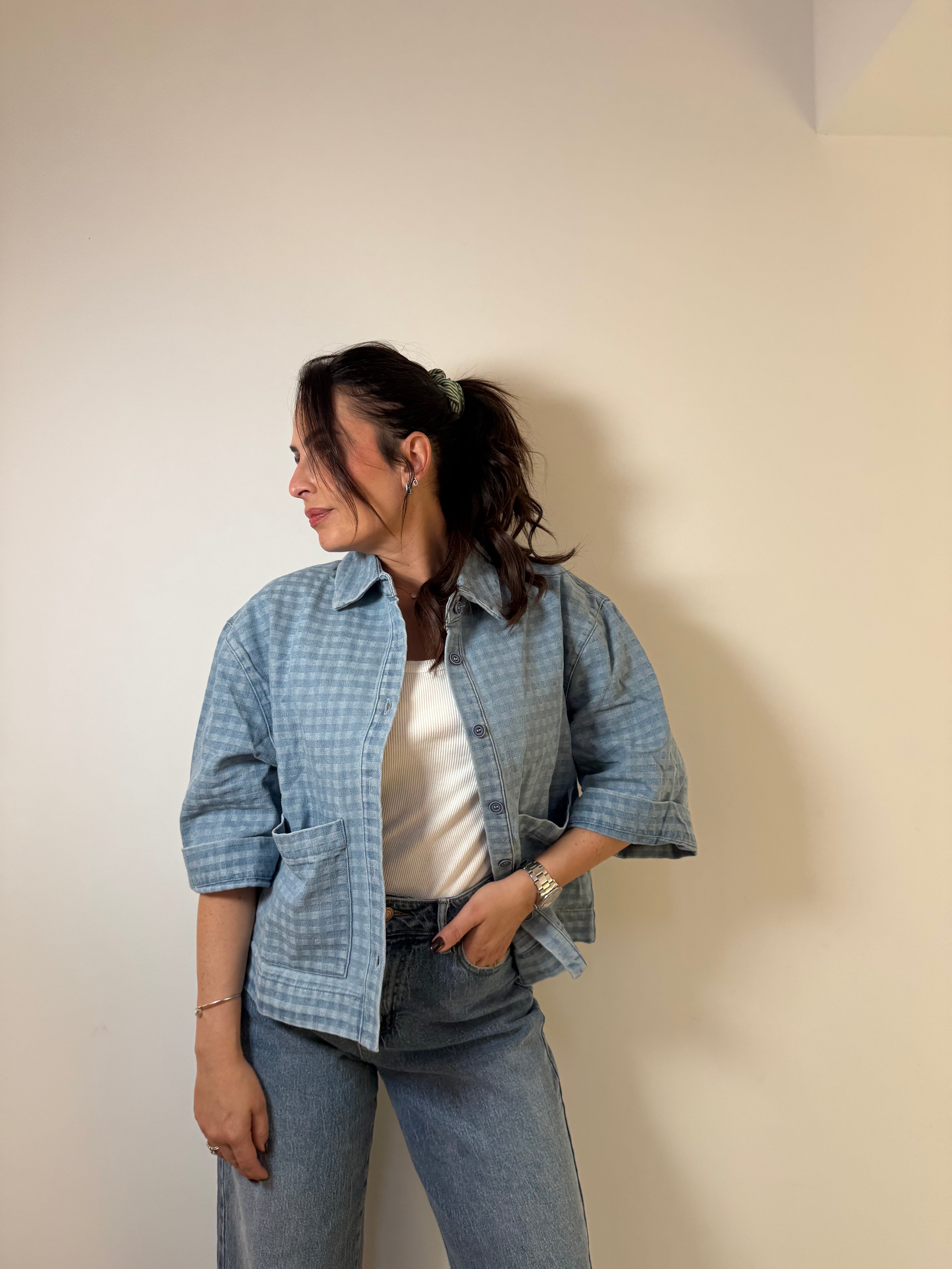 Veste denim à carreaux clair