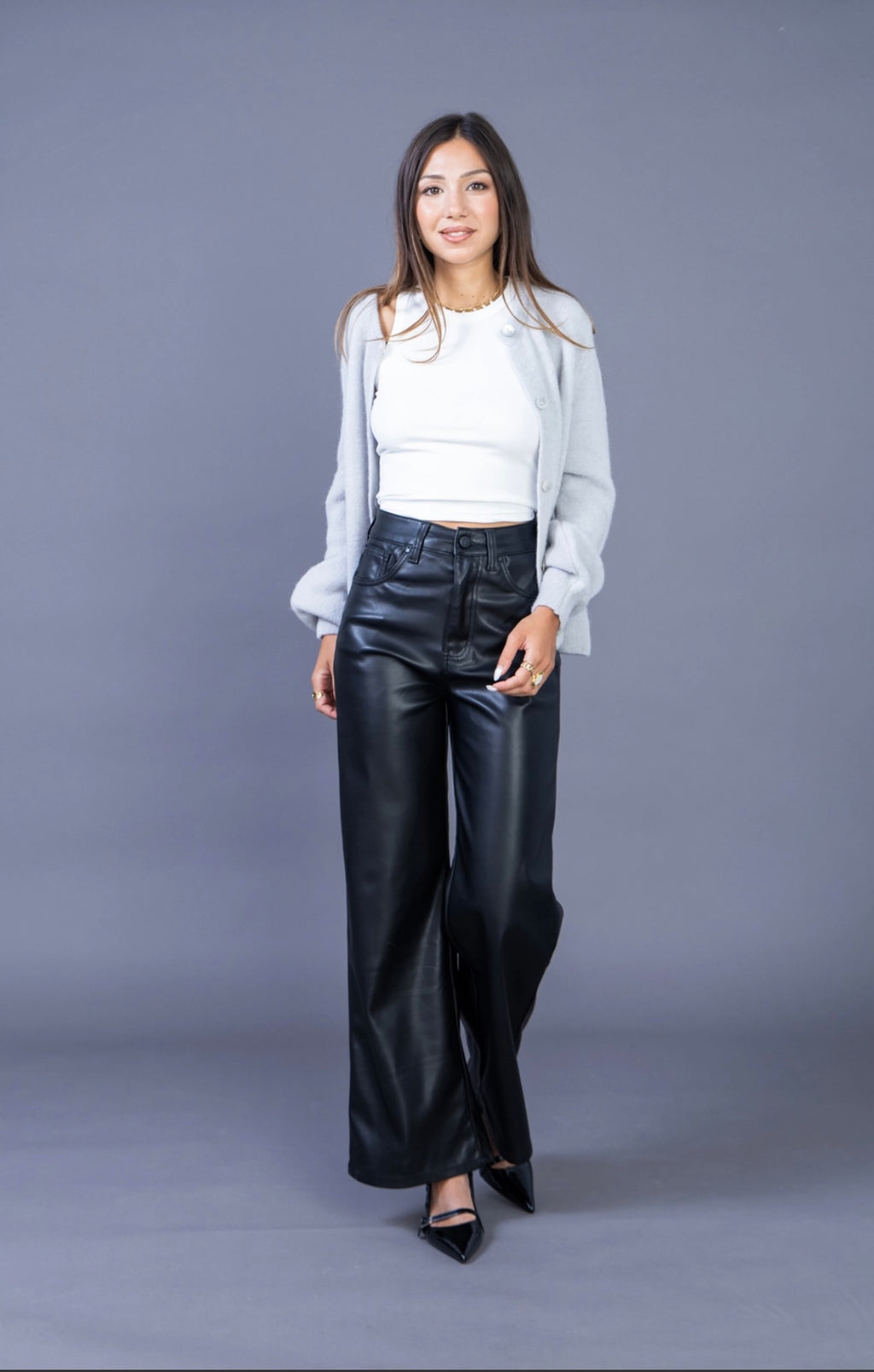 Pantalon femme wide leg en similicuir